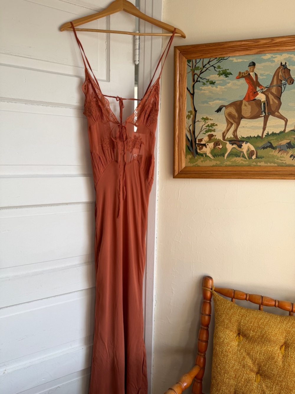 Zara Lace Trim Satin Midi Slip Dress Open Back Rust Boho NWT M - Picture 10 of 10